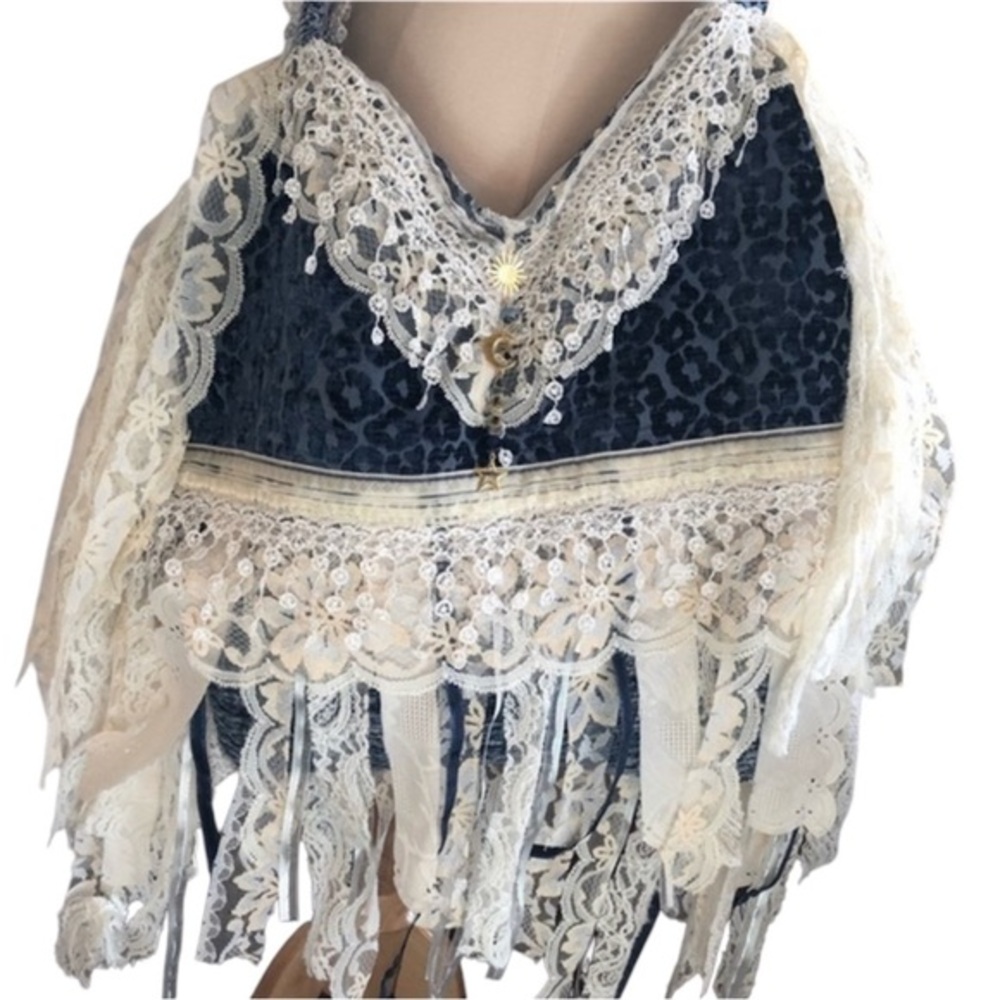 Bohemian Blue Animal Print Cross body Bag w/white lace,ribbon & blue aventurine